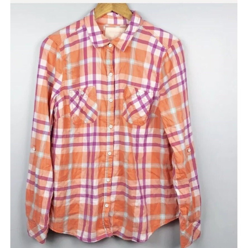 Sonoma Plaid Button Up Large Orange Purple‎ Collared Casual Shirt